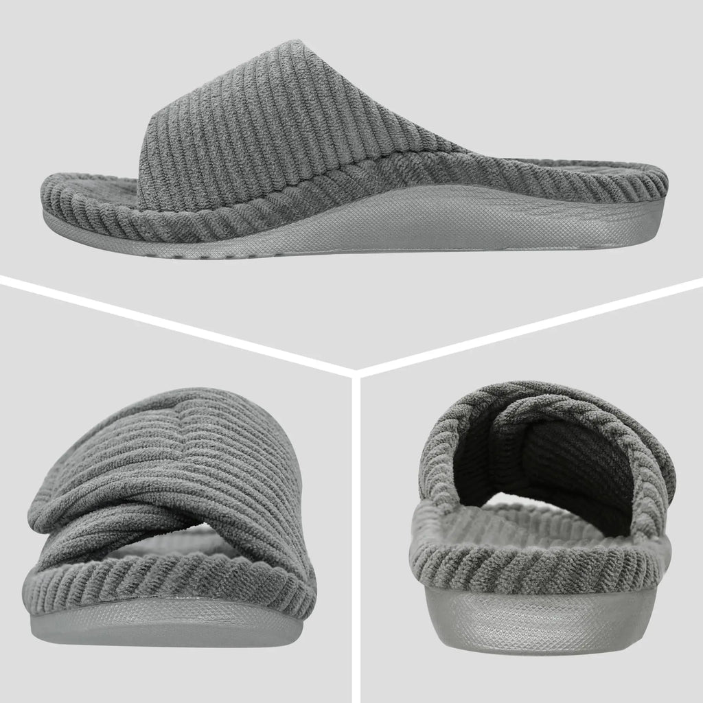 Evshine Women Fuzzy House Slippers with Arch Support Indoor Open Toe Corduroy Slides Adjustable Strap Bedroom Orthopedic Shoes