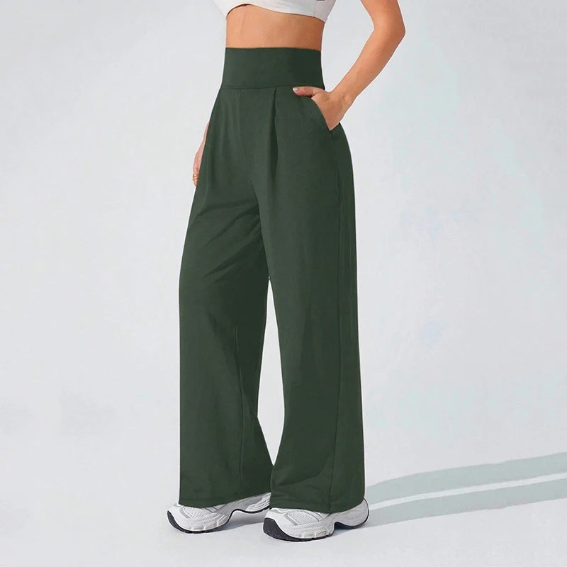 Women's High Waisted Sports Pants with Side Pockets Solid Color Wide Leg Yoga Pants Woman Body Hugging Straight Leg Trousers