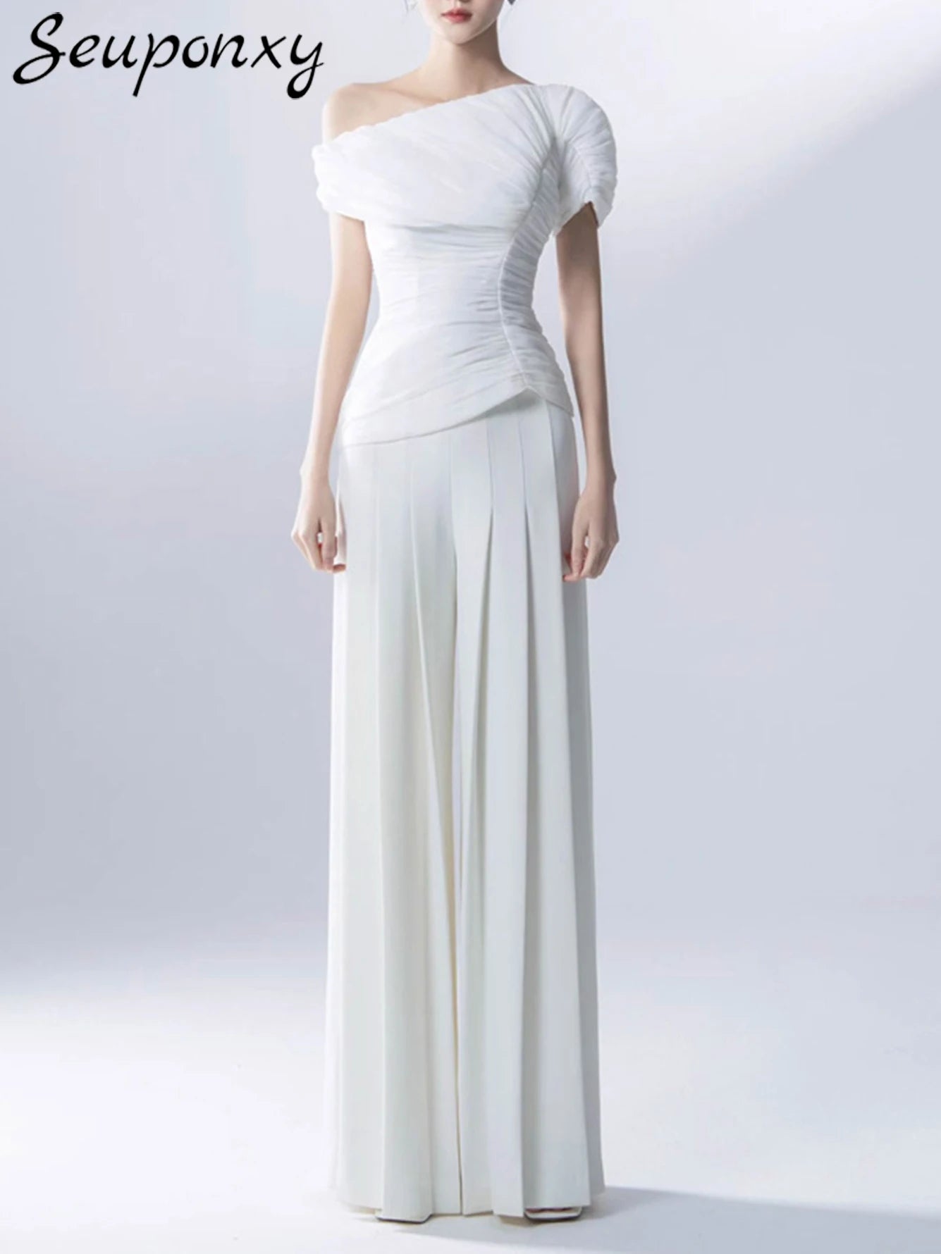 High Quality Summer New White Slim Set 2026 Sexy Short Sleeved Pleated Top+High Waisted Wide Leg Pants Party 2 Two-Piece Set
