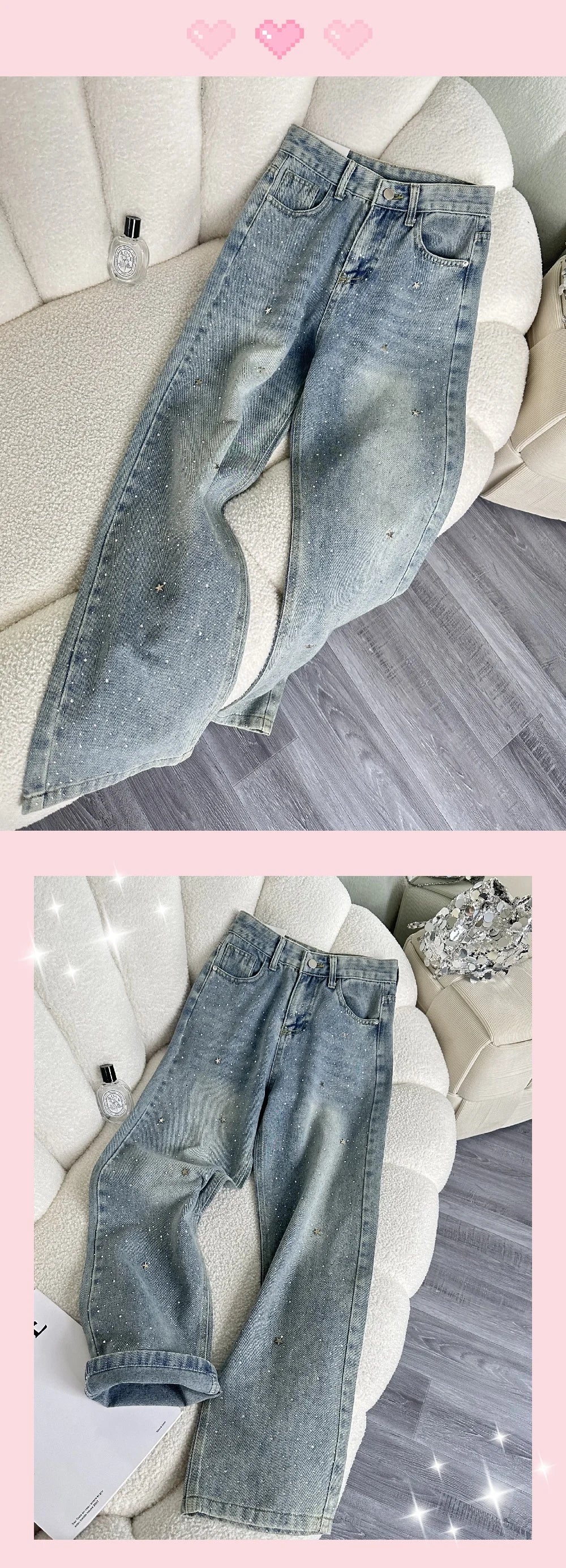 High Waist Shiny Sequin Star Design Casual Wide Leg Jeans Women's Light Blue Slimming Slim Fit Denim Pants Fashionable Versatile