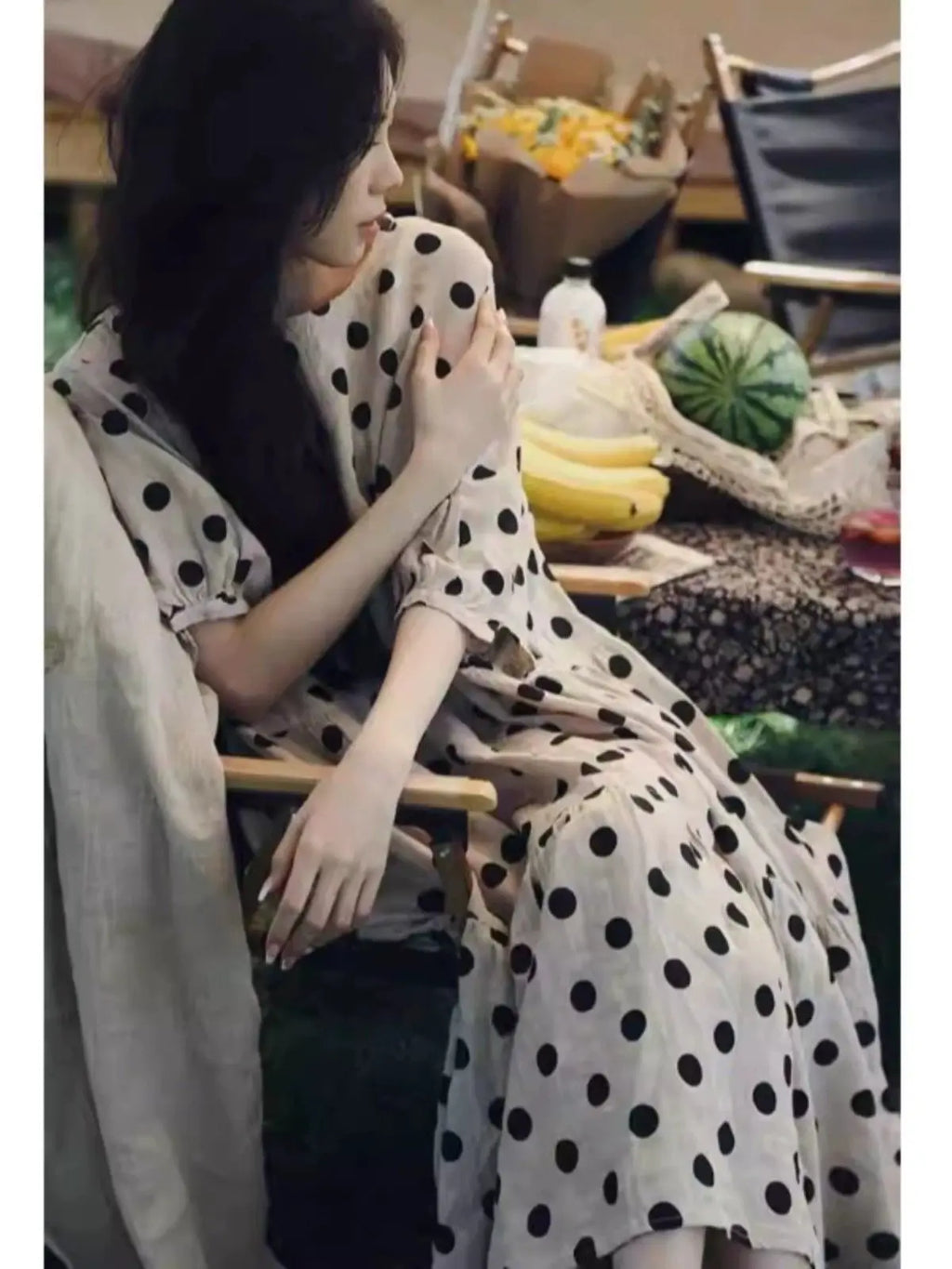 Fashion Retro Cotton and Linen Polka Dot Dress for Women Loose Slim Puff Sleeve Linen Doll Skirt
