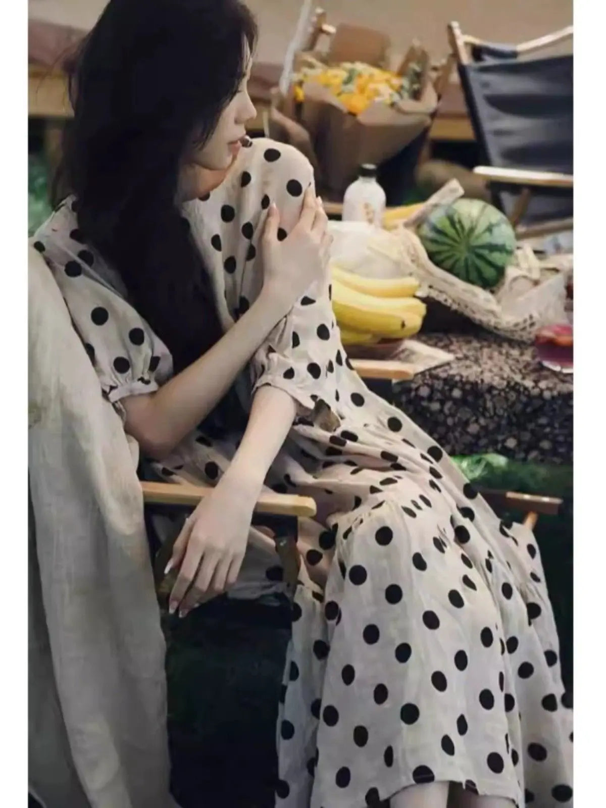 Fashion Retro Cotton and Linen Polka Dot Dress for Women Loose Slim Puff Sleeve Linen Doll Skirt