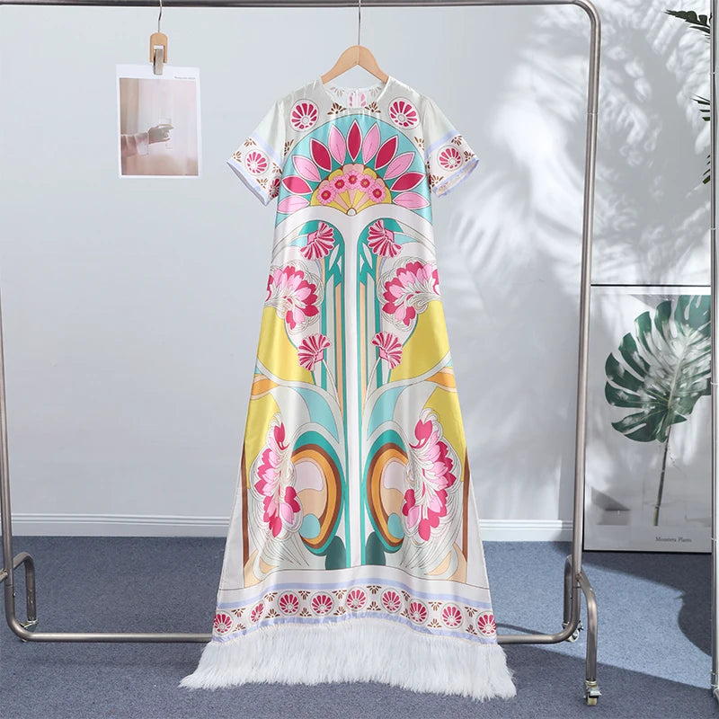 Printed Women's Dress Half Sleeve Round Neck Long Dress Tassel Hem Dress Daily Fashion Outfit Suitable for Date Party 2026