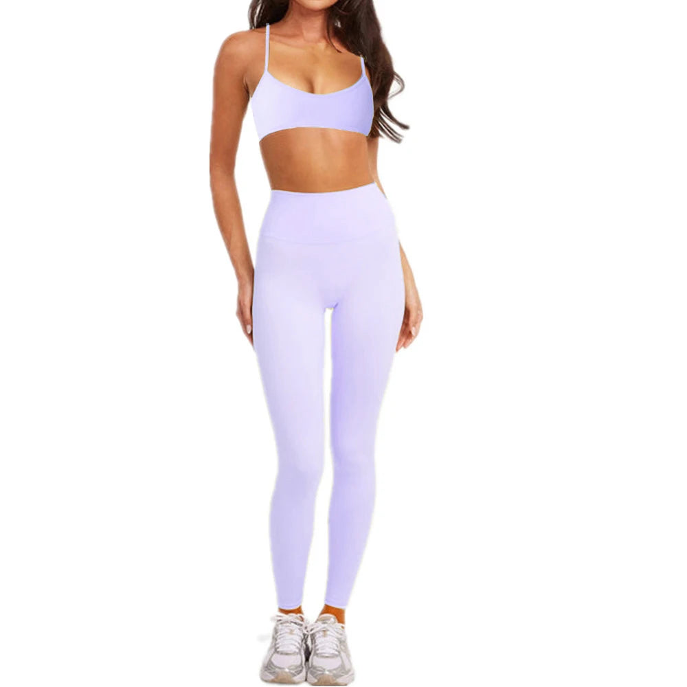 2PCS Yoga Set Outfit For Women Strappy Back Sports Bra Nude Athletic Leggings Fitness Gym Exercise Running Wear XP108