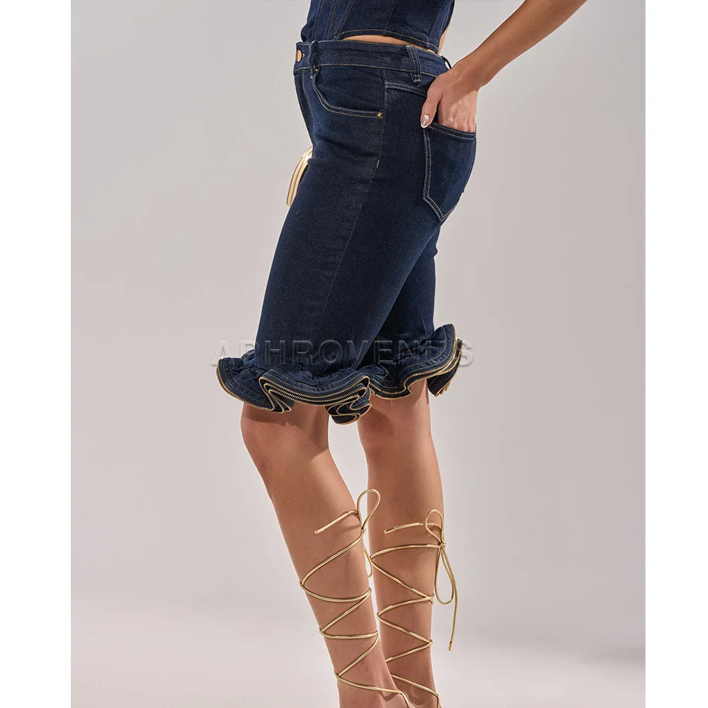 Wave Ruffle Hem Slim Denim Shorts Women Casual High Waist Slim Fit Ruffled Denim Shorts Fashion Slimming Streetwear