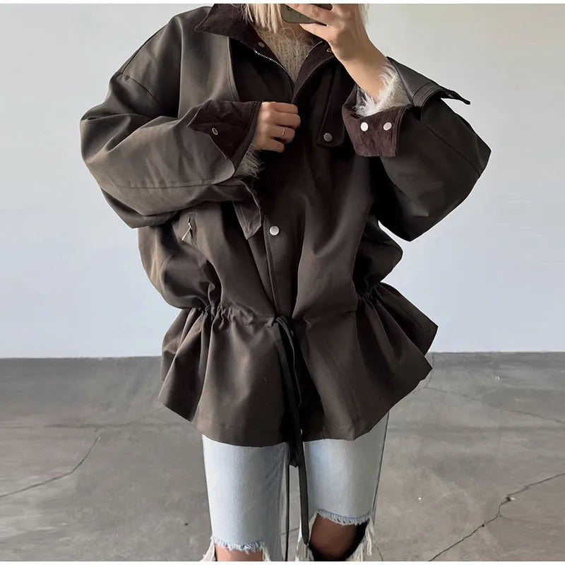 Lapel Women's Outerwear Waist Cinching Belted Jacket Drop Shoulder Cropped Cargo Trench Coat Meilaid Style Daily Fashion Wear