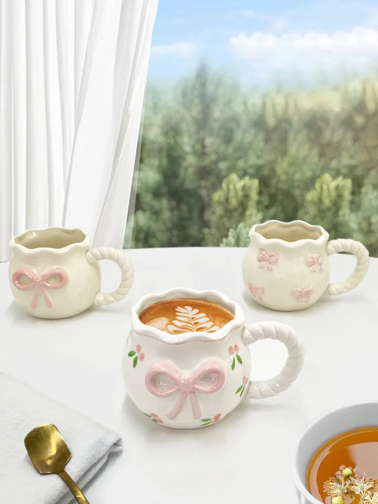 Bow Ceramic Coffee Cup Cute Handmade Ins Style Mug Drinking Water Afternoon Tea Gift Decoration Summer Dopamine Girlfriend Gift