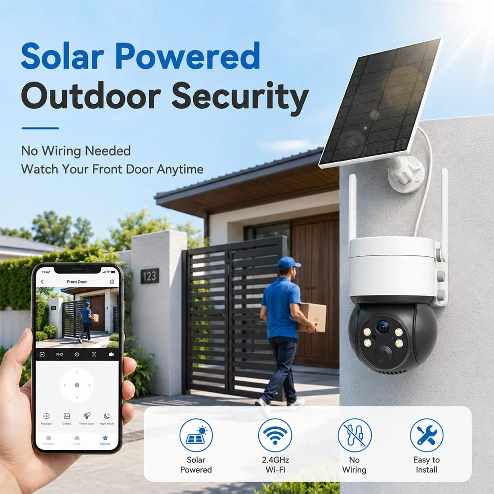 Solar WiFi Camera 3MP TUYA Smart Outdoor PTZ Security Camera Solar Powered 2-Way Audio Full Color Night Vision PIR Alerts IP66
