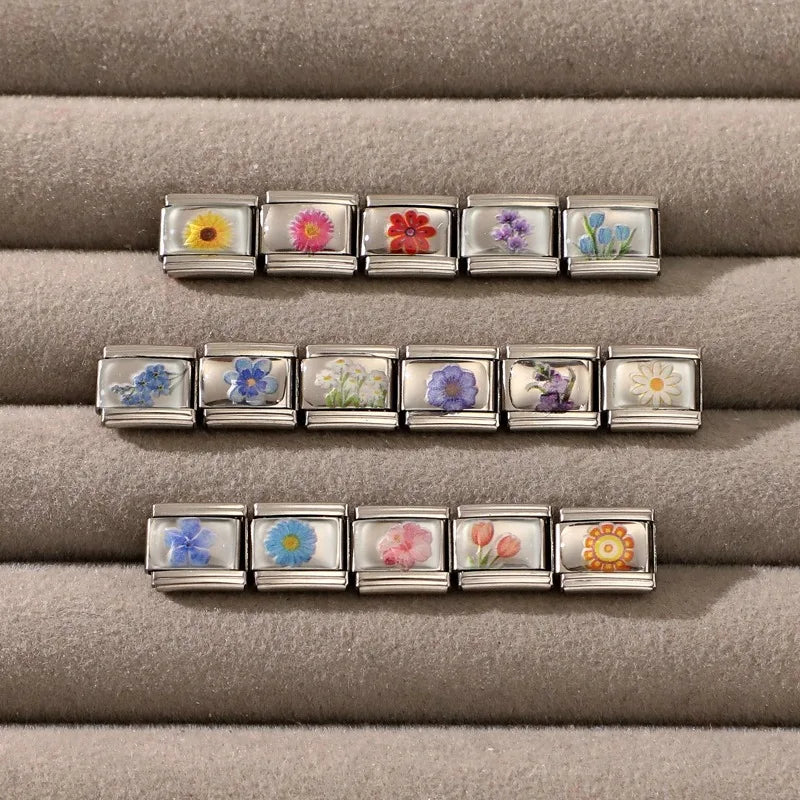 2025 Women's Fashion Colorful Flowers Sunflower Tulip Orchid Daisy Italian Charms Fit 9mm Stainless Steel Bracelet DIY Jewelry