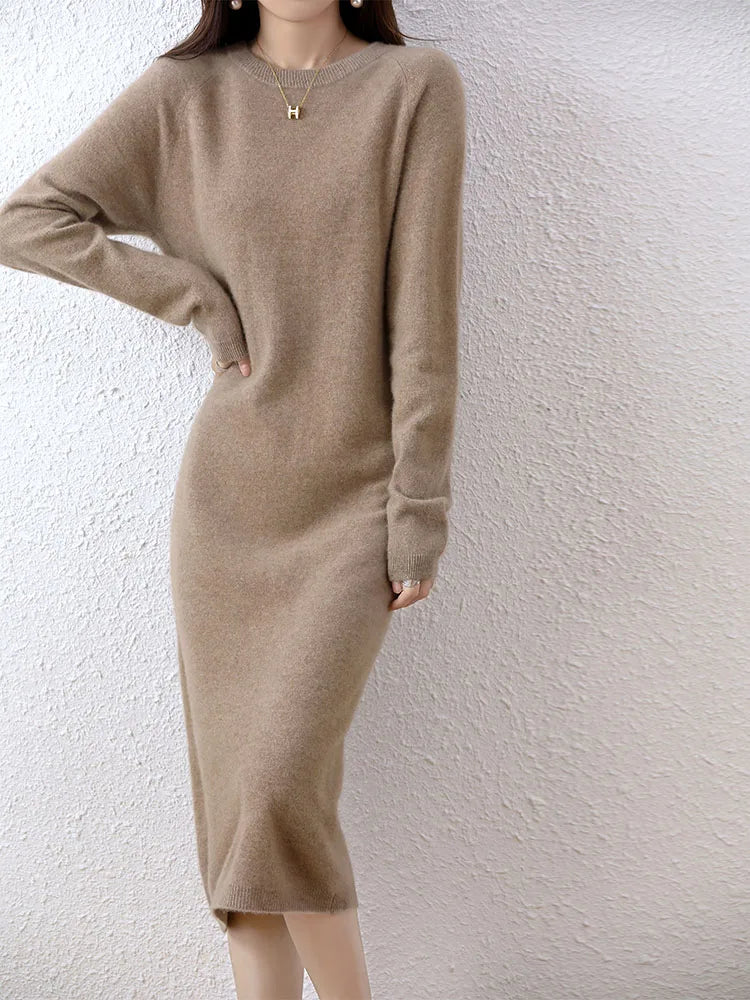 Cashmere Sweater Knitted Dresses 100% Merino Wool Women's Winter Female Elegant Pullovers Dress Autumn Casual Long Sleeve Skirts