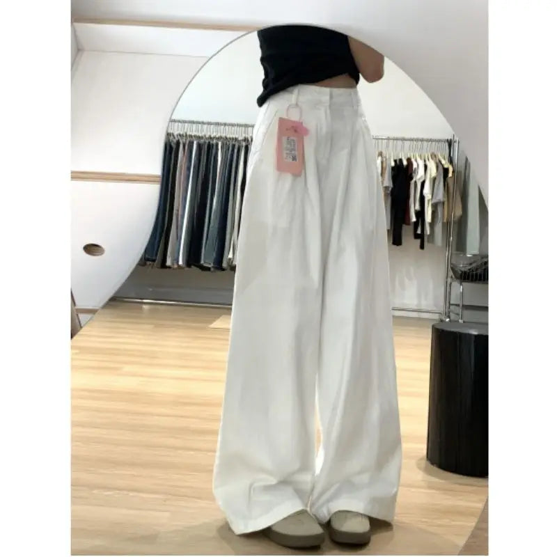New Simple Basic Slim Women Jeans Casual Loose Fashion Street Woman Jeans Autumn High Waisted White Wide Leg Pants Female Chic