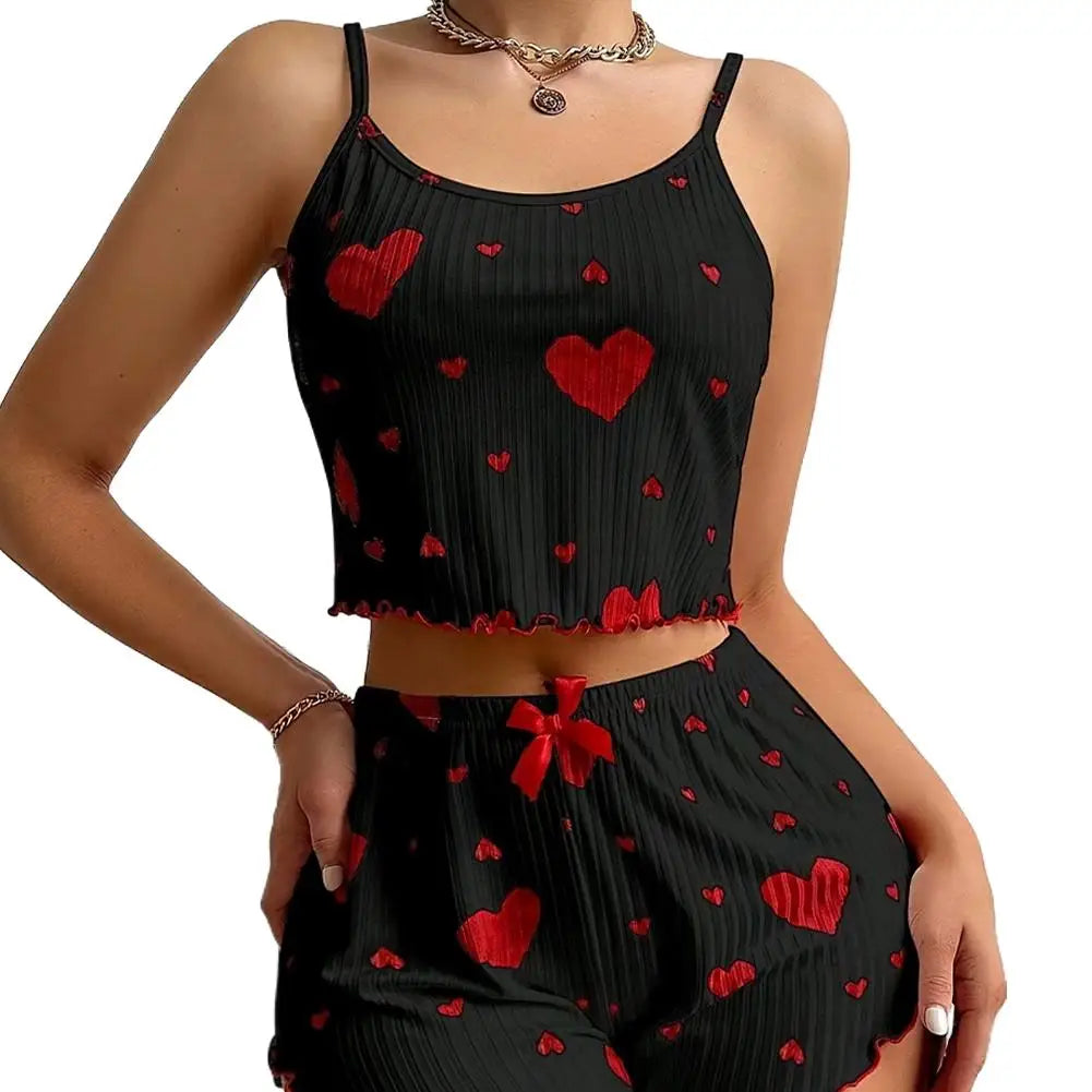 Women 2pcs Pajama Set Spaghetti Strap Ruffle Trim Round Neck Sleeveless Cami & Shorts Spring Summer Fall Coquette Bow Print ﻿