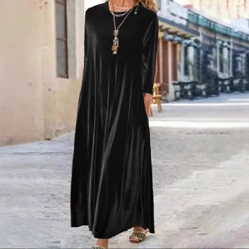 2025 Elegant Long Sleeve Velvet Dress Autumn Spring New Style Puffy Collar Slimming Tummy Covering Mid-Length Sleev Dress