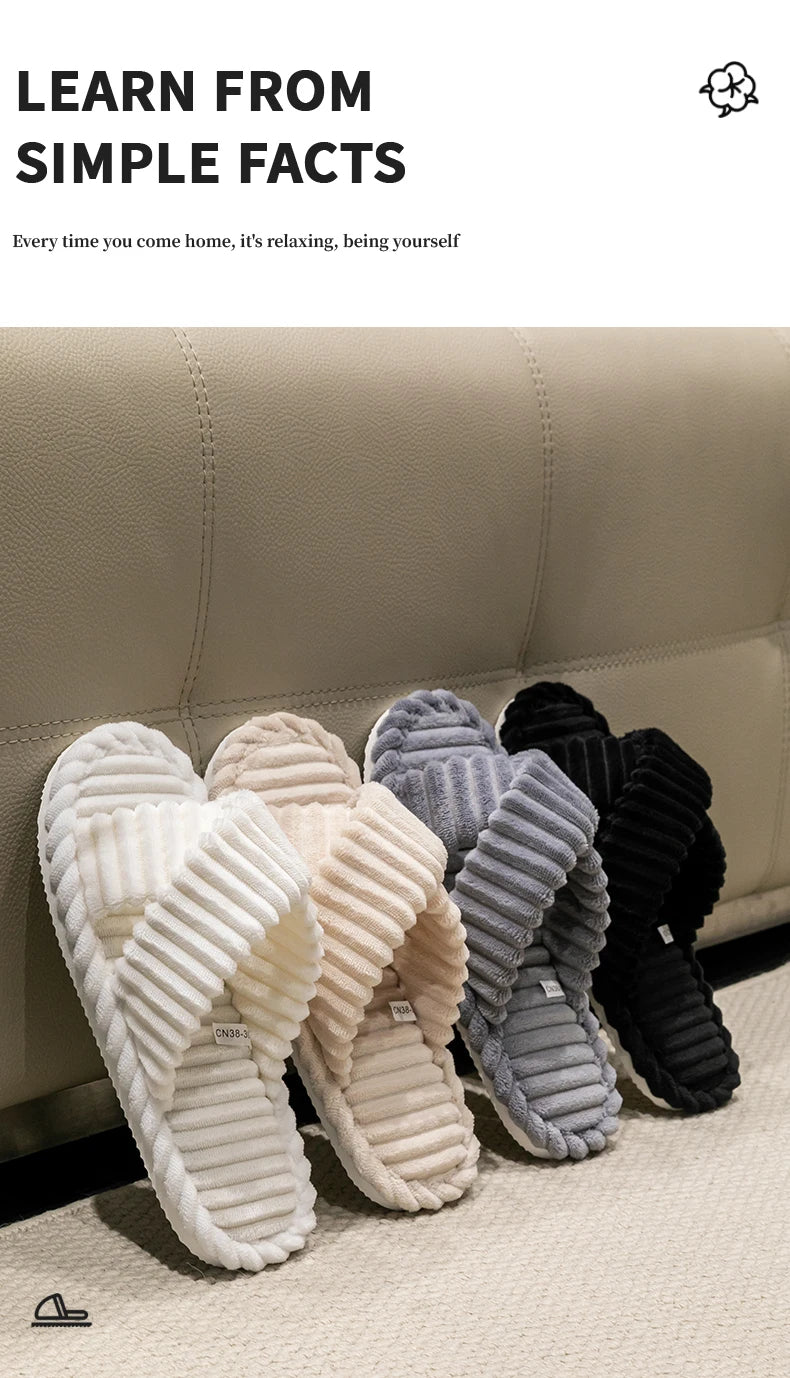 Fashion Corduroy Cross Band Open Toe Home Slippers Women Autumn Winter Warm Plush Slides Ladies Bedroom Soft Sole Slippers
