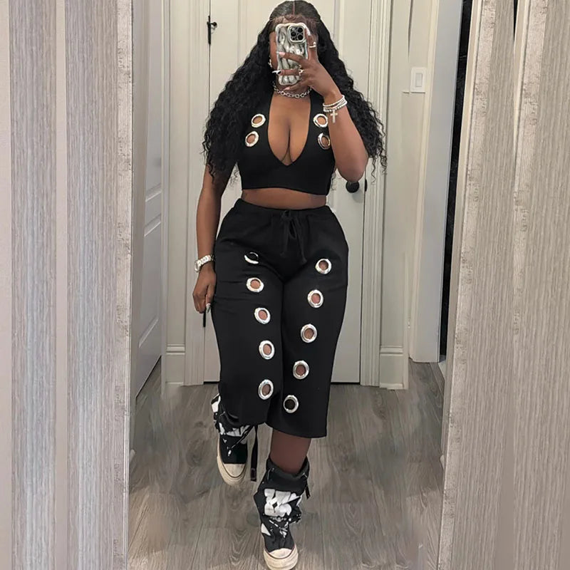 Streetwear 2 Piece Sets for Woman Club Outfits Party Hollow Out Halter V-neck Vest Crop Top and Calf-length Pants Matching Sets