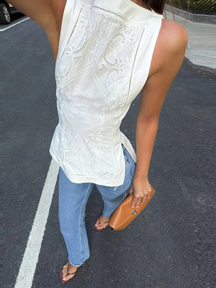 Fashion Openwork Embroidery Solid Women's Top Sleeveless Waist Cinching Tops Chic 2026 Summer New High Street Wear Lady Clothing
