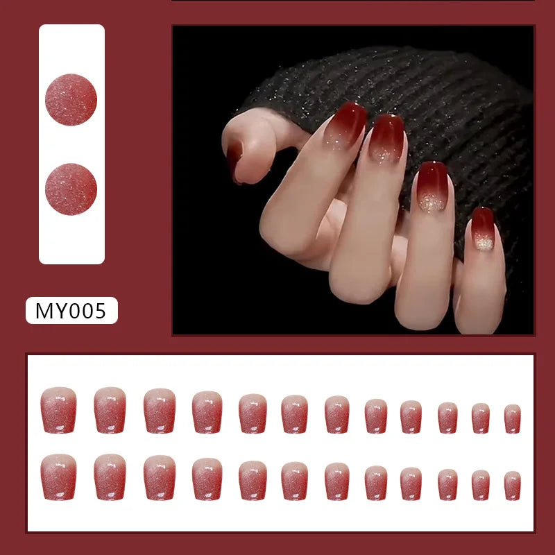 24pcs Fake Nails in Wine Red Gradient Cat's Eye Autumn and Winter New Style Press-on Nail Tips Suitable As Gifts for Girls