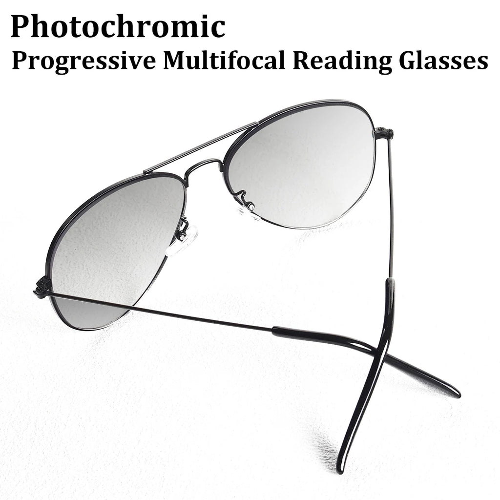 Classic Pilot Photochromic Progressive Multifocal Reading Glasses Men Women Metal Frame Anti Blue Light Presbyopia Eyeglasses