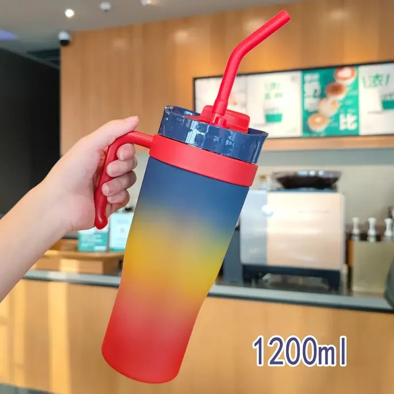 1200ml Large Capacity Gradient Frosted Sports Water Bottle Tumbler for Car Gym Outdoor Travel Reusable BPA Free Cup with Straw