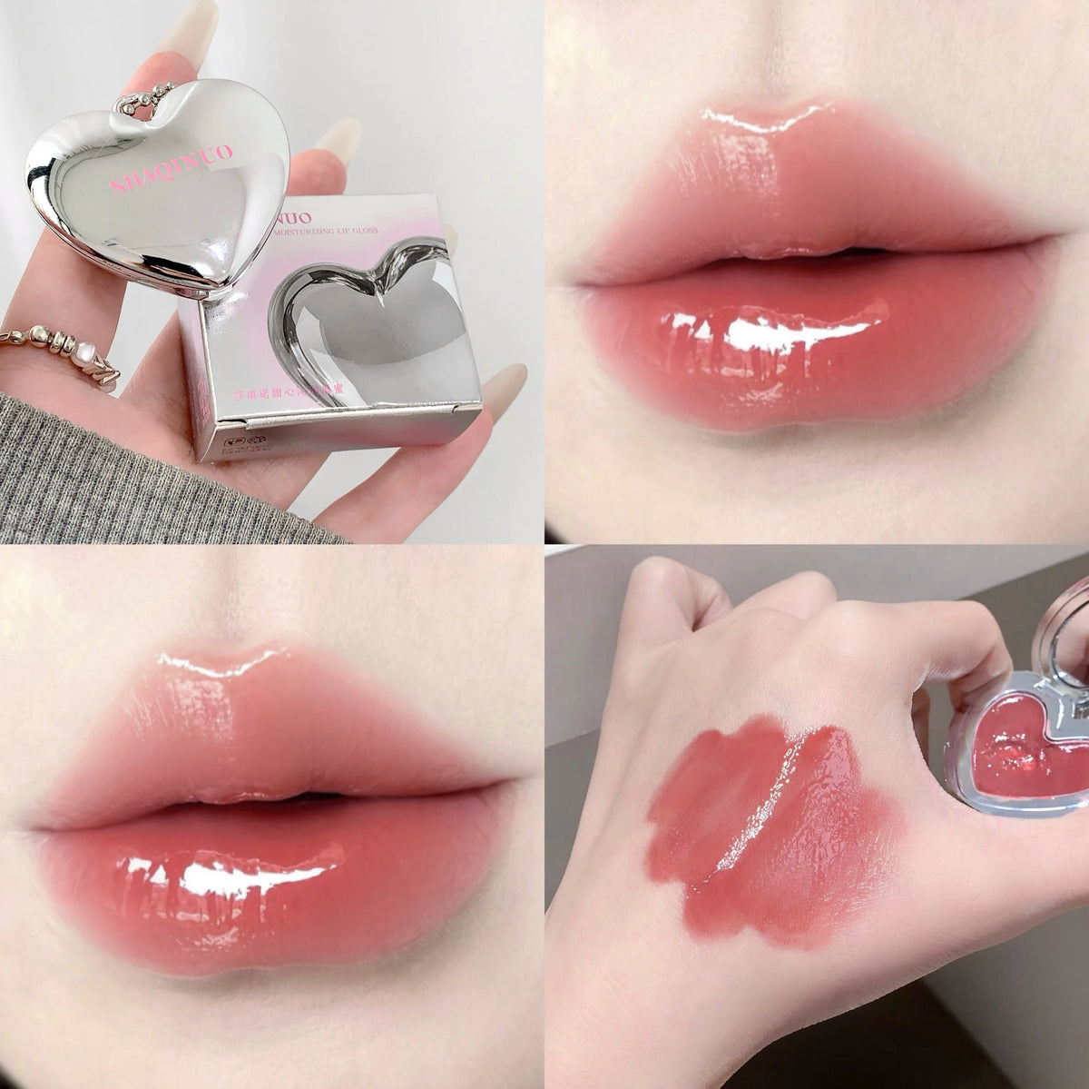 SHAQINUO Heart Shape Water Light Lip Llaze Mirror Pendant Lipstick Lip Gloss, Hydrating Moisturizing, Long Lasting