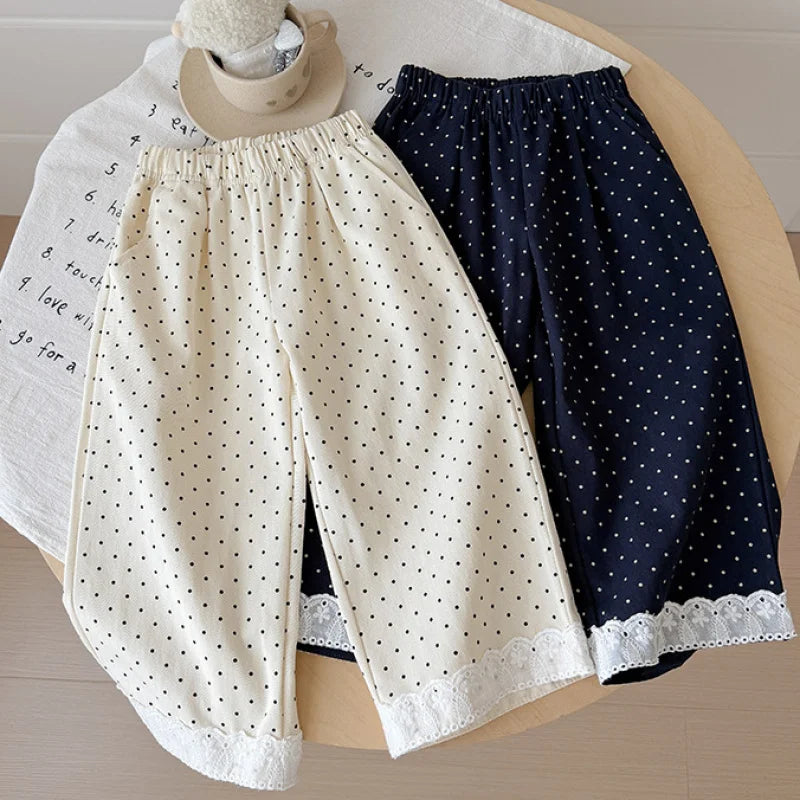 Korean Style Baby Girls Polka Dot Wide Leg Pants Lace Hem Loose Trousers Toddler Kids Elastic Waist Casual Fashion Pants