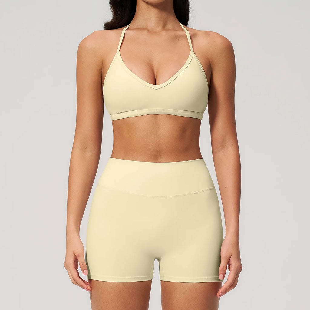 2 Pieces Yoga Set Women Tracksuit Backless Halter Tops High Waist Shorts Gym Suits Fitness Sportswear Workout Sets Athletic Wear