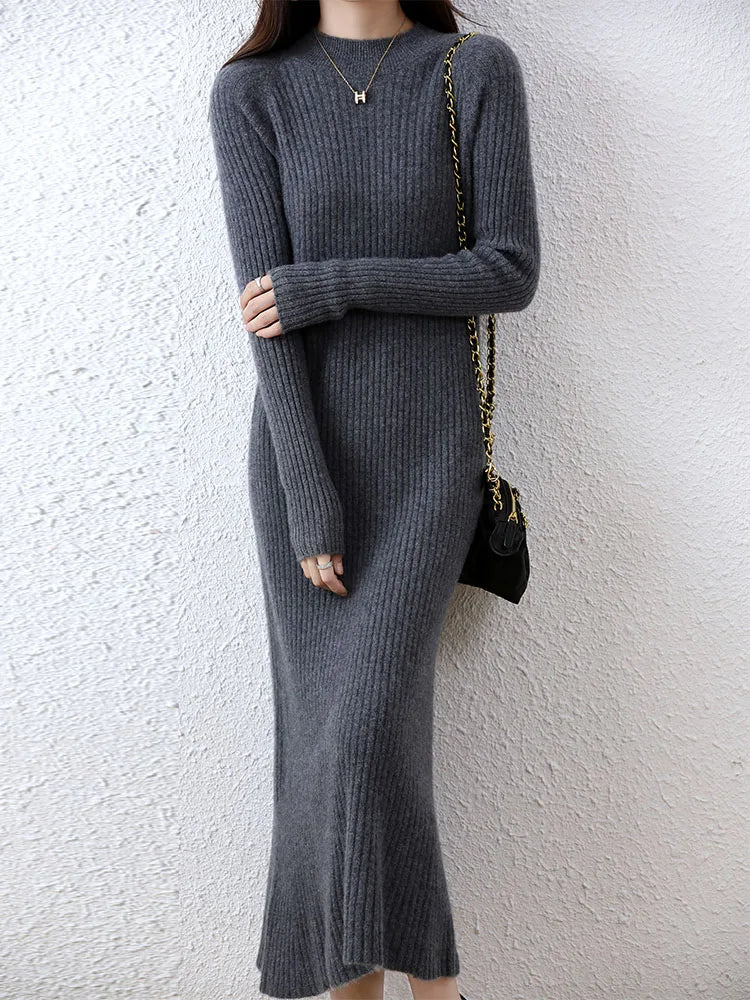 Cashmere Sweater Womens Dresses 100% Merino Wool Autumn Winter New Elegant Knitted Long Dress Female Casual Warm Skirts Vestidos