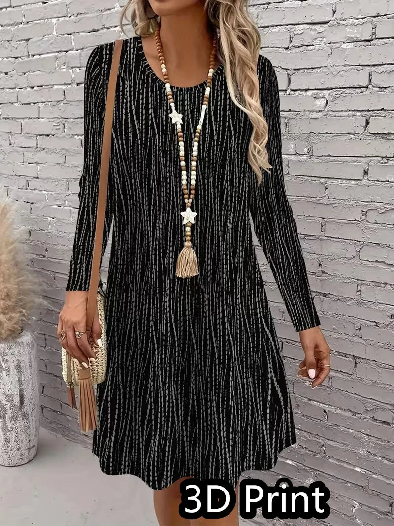 3D retro printed dress, women's autumn long sleeved round neck casual mini A-line dress Vestidos De Mujer