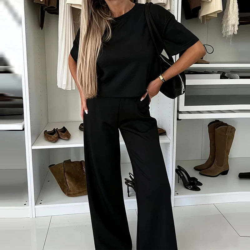 Women Fashion Simple Solid 2 Piece Sets Elegant O-neck Pullover Tops & Long Pant Suits Casual Short Sleeve Loose Summer Outfits