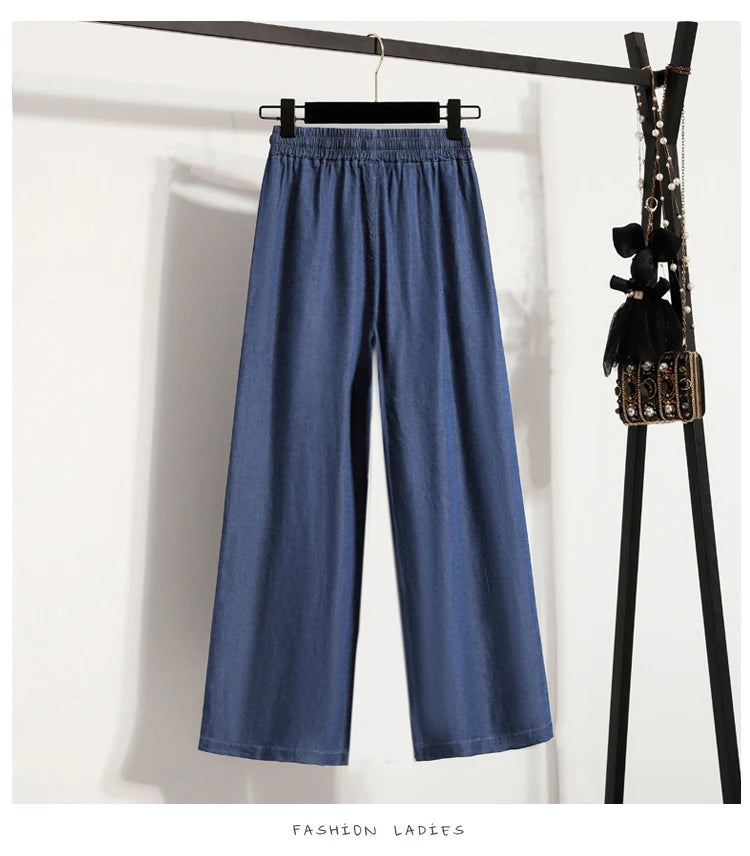 Women's Summer Slim Straight Leg Jeans Wide Leg Ice Silk Casual High Waist Trousers Cotton Polyester Blend No Ironing Needed