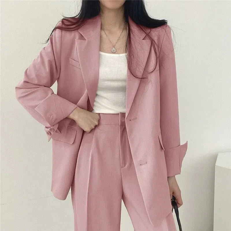 2026 Female Solid Color Blazer 2PCS Autumn Women Lapel Tops High Waist Outfit Korean Ladies Long Sleeves Suit Wide Leg Pants