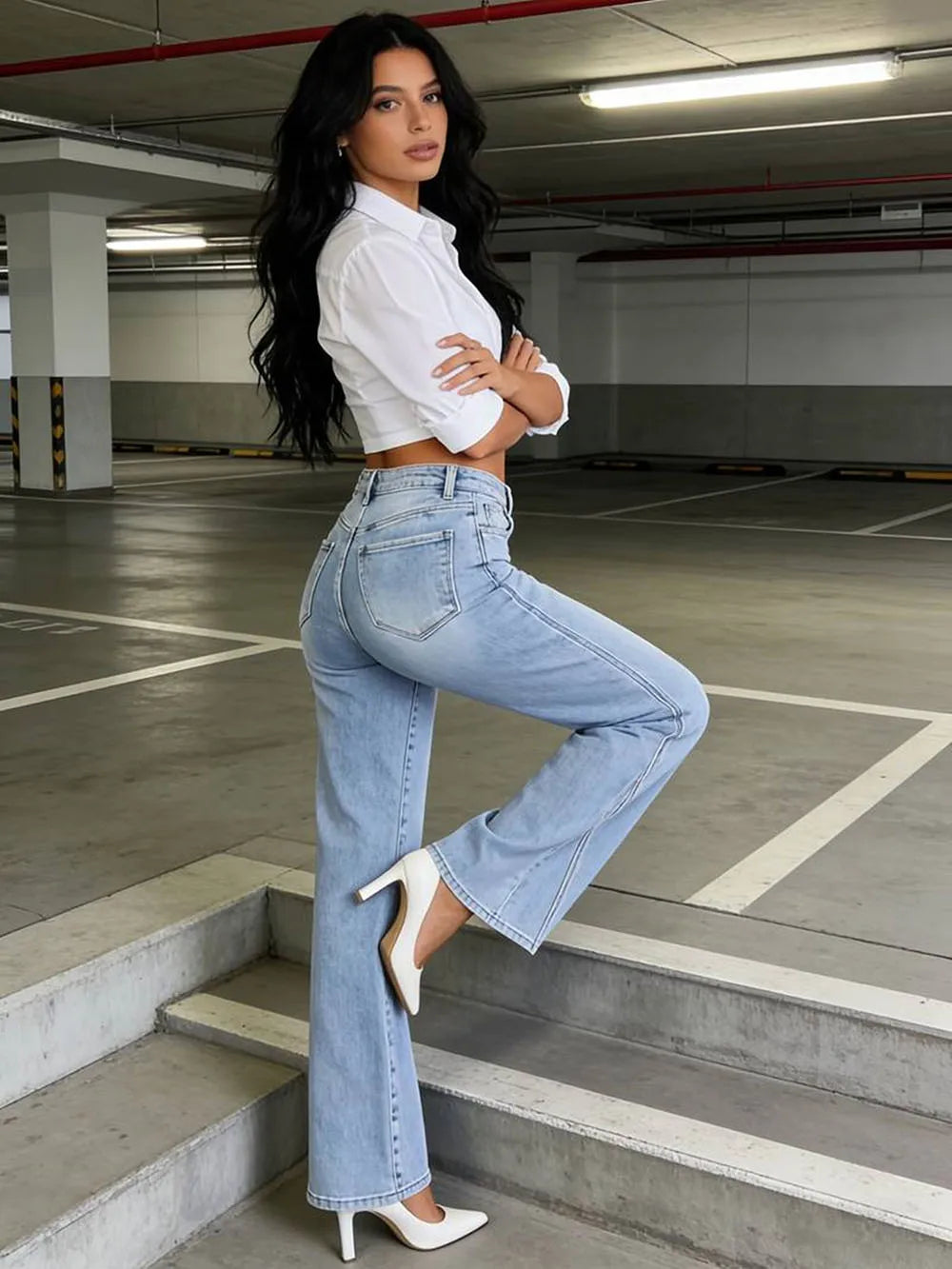 Light Blue Woman' Straight-leg Pants Casual Denim Pants Retro Spice Girls Trousers High Waist Spring Autumn Solid Color Jeans