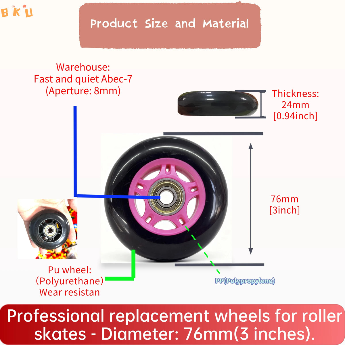 8-Piece PU Replacement Wheels 76mm(3") with ABEC-7 Bearings, PP+PU Material Fit Inline Skates/Kids Scooters/Strollers/Luggage
