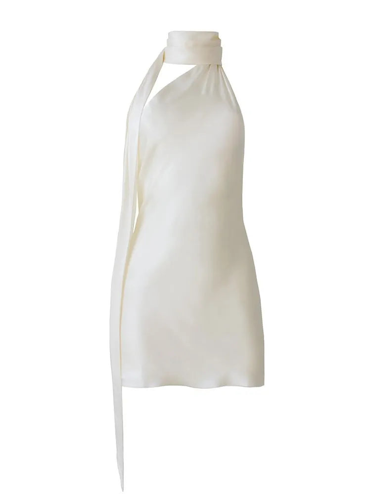 VGH Patchwork Formal Dresses For Women Halter Collar Off Shoulder Sleeveless High Waist Backless Satin Mini Dress Female Style