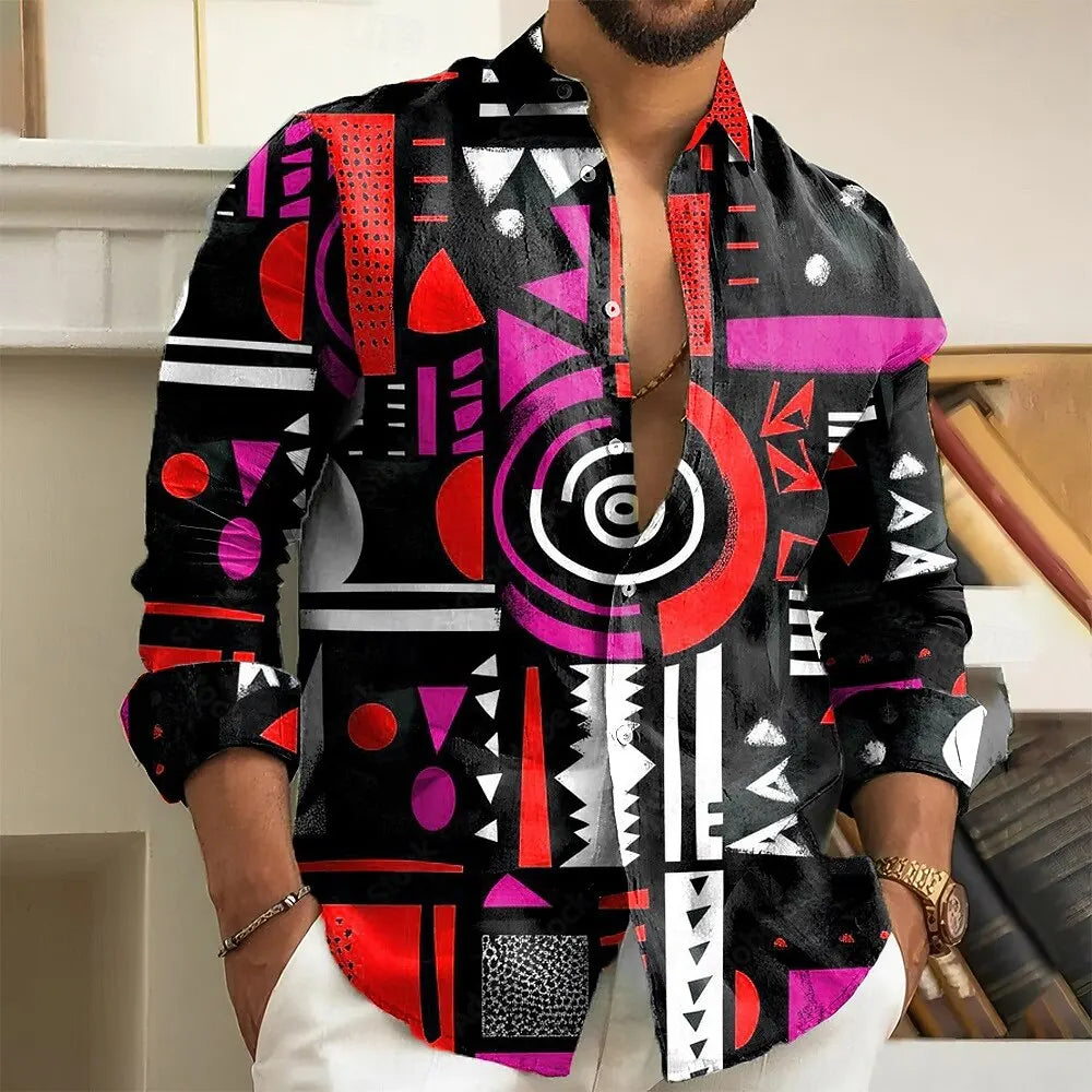 Fashion Men's Geometric Abstract Art Shirt Button Up Shirts Long Sleeve shirt Casual Men's Tops Fall 3D Print Collared Shirt