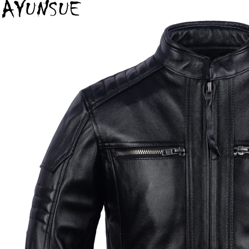 AYUNSUE Pure Cowhide Men Leather Jacket Fashion Stand Collar Short 100% Genuine Cow Leather Real Jacket Slim-fit Motorcycle Wear