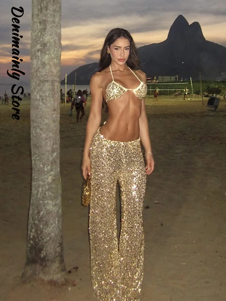 Sexy Sequined Bikini Pants Set Women Sleeveless Backless Halter Cropped Top Wide Leg Pant 2026 Summer Beach Holiday Party Suit