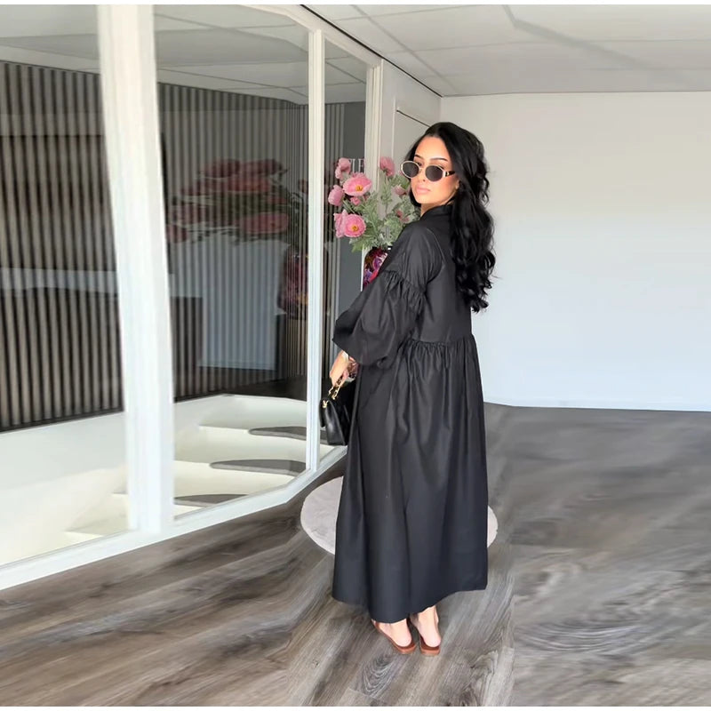 Solid Color Loose Fit Flare Sleeve Tiered Dress Crew Neck Ruffle Hem Pleated Long Maxi Dresses 2026 Spring Chic Casual Outwear