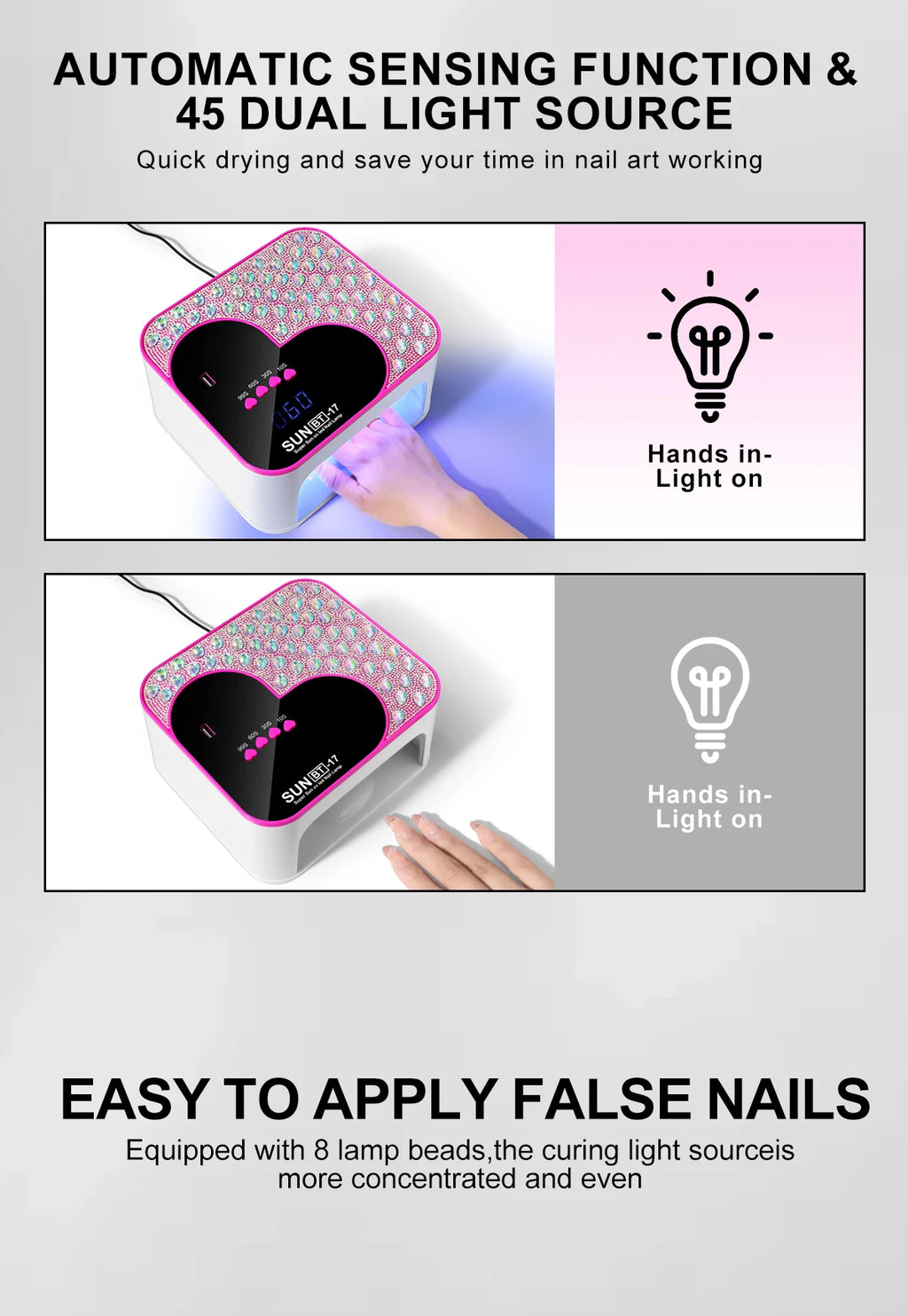 3D Diamond UV LED Nail Lamp For Fast Drying Gel Nail Phototherapy Heart Shape Machine 45 LEDs Manicure Salon Tool Equipment