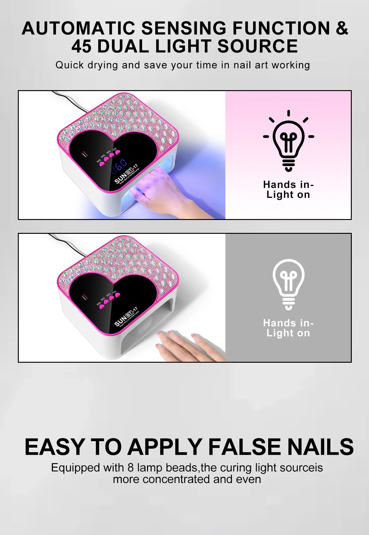 3D Diamond UV LED Nail Lamp For Fast Drying Gel Nail Phototherapy Heart Shape Machine 45 LEDs Manicure Salon Tool Equipment
