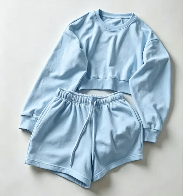 spring summer Womens Round neck long sleeve Sweatshirt Two Piece Set Casual Sweatshirt+shorts suit Daily Womens Tracksuit