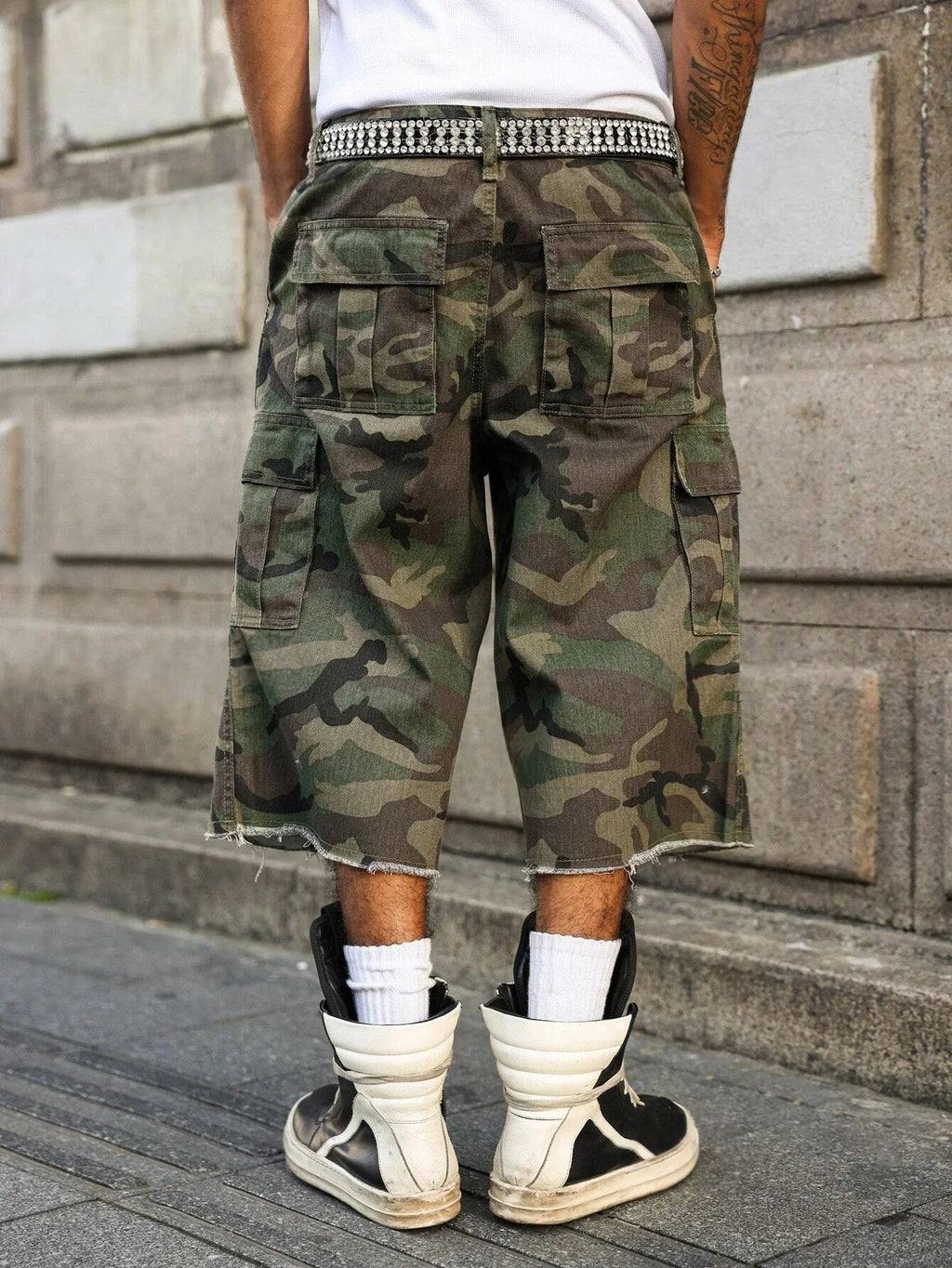 Plus Size Camouflage Denim Shorts for Men, Loose Multi-Pocket Knee-Length Style, Summer Streetwear Casual Cargo Shorts