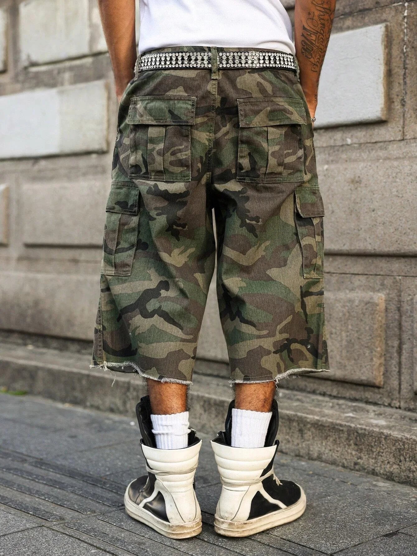 Plus Size Camouflage Denim Shorts for Men, Loose Multi-Pocket Knee-Length Style, Summer Streetwear Casual Cargo Shorts
