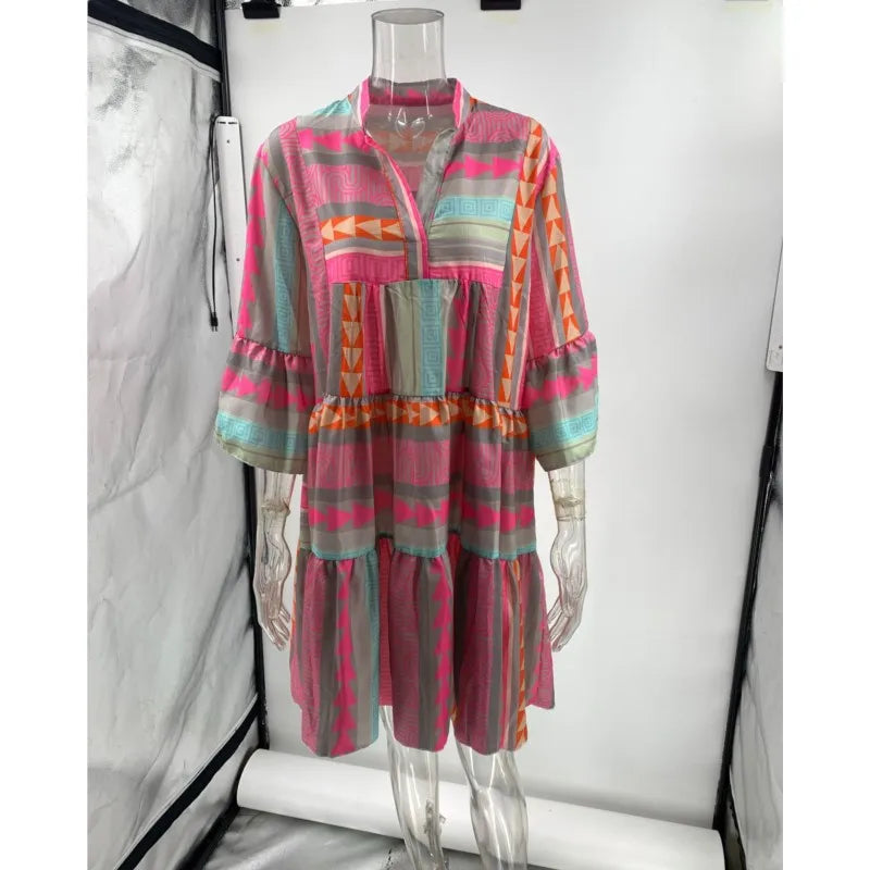 Women's Cotton and Linen Mini Dress Casual Loose Print V-neck Seven Quarter Sleeve Dresses For Women