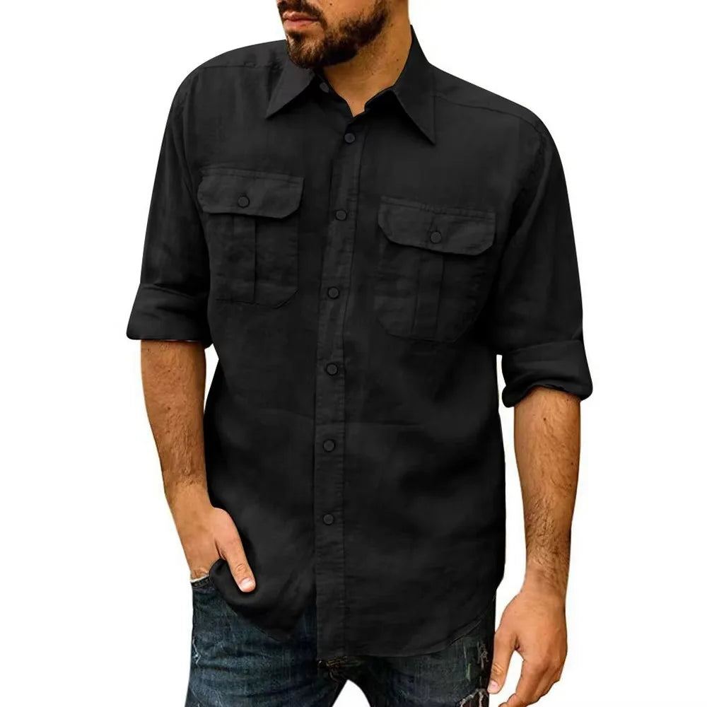 Cotton Linen Men's Shirt Long Sleeve Solid Color Casual Tops Lapel Double Pocket Design Classic Shirt Trendy Male Clothing