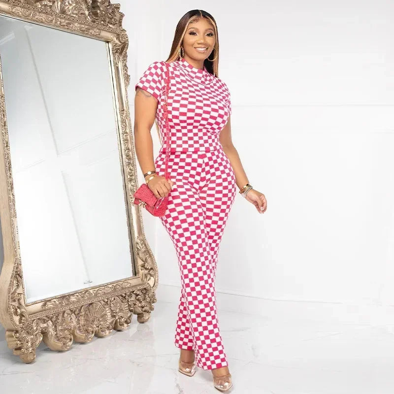 European and American Women's Fashion Fashion Design New Women's Spring Small Pit Strip Printed Checker Slim Two-piece Set