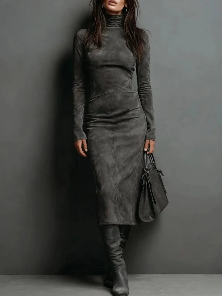Women's Dress Elegant Slim American Retro Long Sleeve Turtleneck Suede Leather Vintage Solid Autumn Spring Midi Dresses