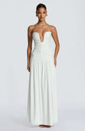 Women Elegant Deep V-neck Pleated Strapless Dress Chic Off-shoulder Backless Split Maxi Dresses 2026 Lady Evening Party Vestidos