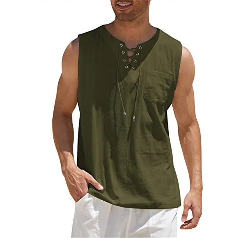 New 2026 Men's Casual Cotton Linen Tank Tops Men Drawstring V Neck Sleeveless Shirts Summer Casual Shirt Gym Fitness Vest Tops