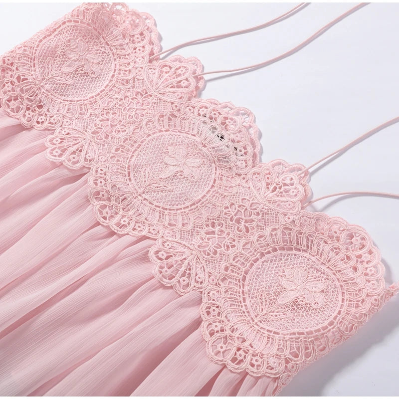 Tie Strap Women's Hollow Floral Lace Two Piece Set Ruffle Crop Camisole High Waist Lace Waist Sheer Textured Wide Leg Long Pant